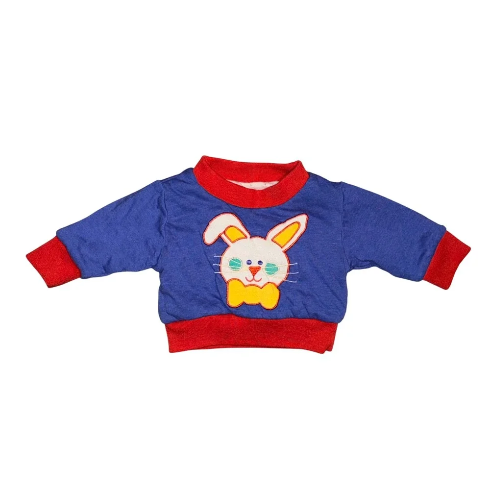 Vintage Reversible Baby Sweatshirt Blue White Bunny Applique Print Red Trim